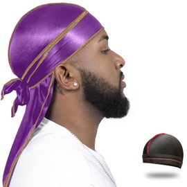 ForceWave Silky Durag for Men Wave Cap Satin Dorag for Men Women 360 Wave (Purple with Gold Seam)