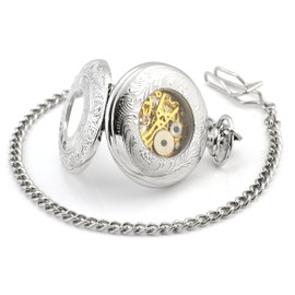 Infinite U Dual Time Display Hollow Skeleton Steel Hand Wind Mechanical Pocket Watch Silver