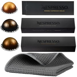 Vertuo Coffee Pods Bundle with Wishesla Quick Dry Ultra-Absorbent Towel - Includes 3 Sleeves of Double Espresso Pods (80ml): Dolce, Chiaro, Scuro, Intensity 5, 8 and 11