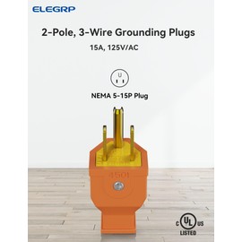 ELEGRP Straight Blade Plug, Extension Cord Ends Replacement Plug, 15 Amp 125 Volt, NEMA 5-15P, 2 Pole 3 Wire Grounding Plug, UL Listed, Orange, 2 Pack