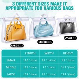 Aliceset 15 Pieces Purse Dust Bags for Storage 3 Sizes Clear Handbag Storage Organizer, Dust Bag Cover Purses with Zipper and Handles for Handbag Closet Organizer(White)