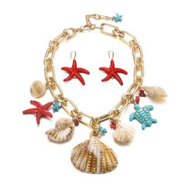 EVER FAITH 14K Gold Plated Seashell Collar Necklace With Ocean Charms Conch Turtle Starfish, Fashion Paperclip Chain Statement Chunky Shell Necklaces Hook Earrings Summer Beach Jewelry for Women