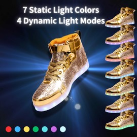 PYYIQI Glitter Led Light Up Shoes High Top Sneakers for Flashing Dancing Halloween Christmas Party with USB Charging Gold 45