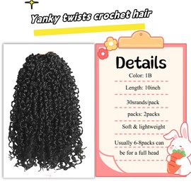 Yanky Twist Crochet Hair 10inch Pre-Twisted Bohemian Twist Curly Braiding Hair Extensions 2Packs Pre-looped Mini Passion Braids Spring Crochet Braiding Hair Extensions Black