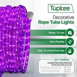 Tupkee LED Rope Light Purple - for Indoor and Outdoor use, 24 Feet (7.3 m) - 10MM Diameter - 144 LED Long Life Bulbs Rope Tube Lights