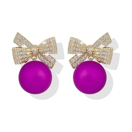 Christmas Bow Earrings for Women Rhinestone Xmas Ribbon Bow Earrings Christmas Red Pearl Bowknot Earrings Xmas Holiday Jewelry Stocking Stuffers (Purple)