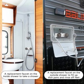 EXCELFU RV Shower Faucet, 4" RV Camper Shower Faucet Valve Diverter Replacement with Dual Smoked Acrylic Knobs for Outside and Inside Bathroom (White+Smoke Gray)