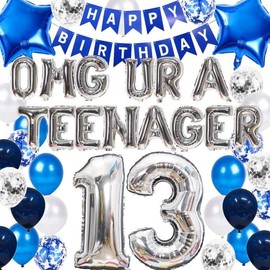 13th Birthday Decorations Blue Boys, OMG UR A Teenager 13th Birthday Decoration, Blue 13th Birthday Banner Number 13 Foil Balloons Blue Confetti Balloons for 13 Years Birthday Boys