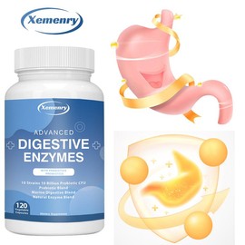 Xemenry Digestive Enzymes Prebiotic & Probiotic Supplement, 120 Capsules, Organic Plant-Based Vegetarian Formula for Digestion & Lactose, with Amylase & Bromelain, 2 Month Supply