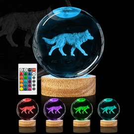 3D Wolf Crystal Ball Night Light 3.15 inch Wolf Figurine Glass Ball Lamp with 16 Color Changing Wooden Base Wolf Home Decor Ideal Gifts for Friends Kids Christmas Birthday