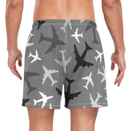 Mens Swim Trunks Quick Dry Swim Shorts, Airplanes Grey Beach Shorts with Compression Liner, Swimwear Bathing Suit, L