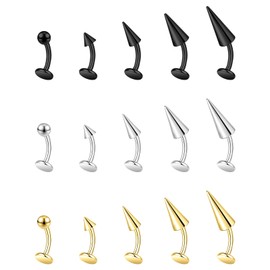 BodyAce 16G/18G Spike Belly Button Bars, Stainless Steel Tragus Ring Flat Back Earrings, Curved Lip Barbells Labret Rings Navel Piercing Eyebrow Jewelry [18G(1.0mm),Length:6mm]
