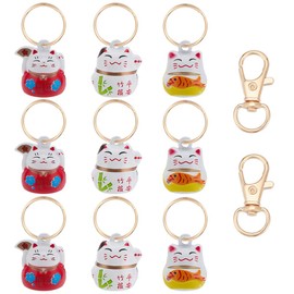 WEBEEDY 9 PCS Lucky Cat Collar Bells 3 Styles Pet Collar Bells Charm with Key Rings Brass Fortune Cat Collars Charms Loud Sound Small Animal Pendant for DIY Bag Keychain Home Decoration Supplies
