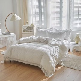 ROOMLIFE White Boho Duvet Cover King Bedding Sets 3 Pieces Bedding Quilt Cover Sets Bedding for All Seasons, Washed Farmhouse Pom Fringe Microfiber Comforter Cover Set, 1 King Cover & 2 Pillowcases