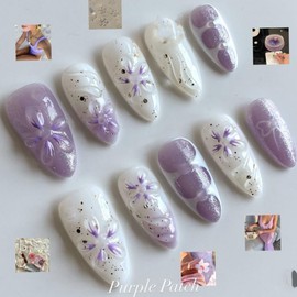 Handmade Press on Nails Medium Almond Fake Nails with Flower Charm Design Silver Glitter False Nails Bow Glue on Nail Glossy Ombre Purple Stick on Nail for Women Girls Manicure 24Pcs