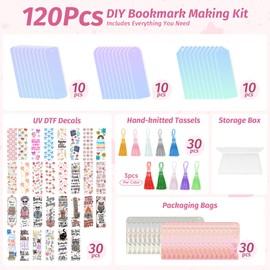 120 kits de marcadores acrílicos en blanco, marcadores transparentes iridiscentes a granel, 30 marcadores en blanco con 30 calcomanías UV DTF para libros y 30 borlas de color para proyectos de