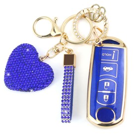 Key Fob Cover with Diamond Keychain for Women, Car Key Holder Case Compatible with Mazda 3 6 8 Miata MX5 CX3 CX4 CX5 CX7 CX9 Smart Remote Key Protector, 4 Buttons (Blue-Heart)