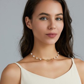 Qyzz Paperclip Necklace Pearl Choker 18K Real Gold Plated Stainless Steel Necklace Chunky Link Fashion Vintage Gold Choker Necklace for Women Jewelry