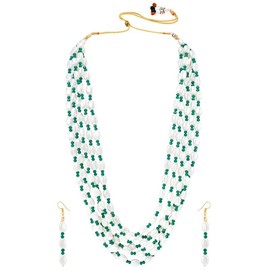 Aheli Traditional White Beads Layered Long Necklace & Drop Earring Ethnic Jewelry Set Fashion Gift for Women