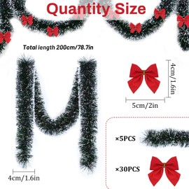 FePen Christmas Tinsel Garland, 10m Shiny Christmas Tree Garland Fluffy Christmas Decoration with Snow and 30 Bows, Ornament for Christmas Decoration, Party Supplies (Red)