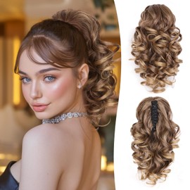 12 Inch Ponytail Extension - Clip in Ponytail Hair Extensions, Curly Wavy Pony Tails Hair Extensions, Synthetic Claw Clip Ponytail Extension for Women (Color: Dark Ash Blonde With Golden Ends)