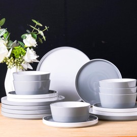 AmorArc Dinnerware Set for 6, 18 Piece Stoneware Plates and Bowls, Chip and Crack Resistant, Dishwasher & Microwave Safe Ceramic Dishes - Grey and White, Service for 6