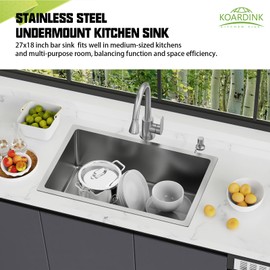 Kitchen And Bar Sink, 27x18 Inch Stainless Steel Undermount Modern Single Bowl Kitchen And Bar Sink Combo-Silicon Mat,Drain Strainer Set Compatibility With Various Kitchen&Bar Style
