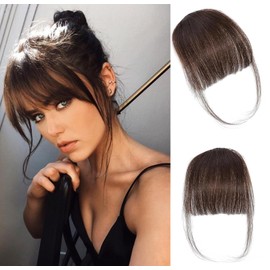 ORIGEN Clip in Bangs Real Human Hair Clip on Wispy Bangs Fringe with Temples Hairpieces Fake Front Bangs Extensions for Women Dark Brown Color
