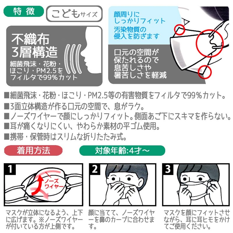 Skater MSKSH3-A Highly Functional 3D Non-woven Fabric Three-Layer Mask, Small,