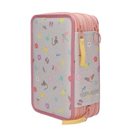Depesche TOPModel Juicy 13324 Filled 3-Compartment Pencil Case in Cream and Pink, with Model Motif, Monkey and Colourful Pattern, Pencil Case with Colouring Pencils, Scissors, Ruler and Much More