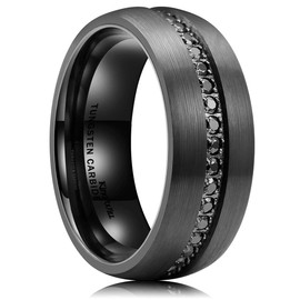 King Will 8mm Mens Black Tungsten Carbide Wedding Ring CZ Inlay Brushed Surface Domed Style 13