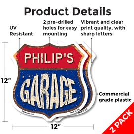 Philip's Garage (2 Pack) 12 inch X 12 inch Shield Shaped Commercial Grade Plastic Signs Weather Resistant, UV Protected To last, Gift for Dads and Uncles Classic Americana Crafted in the USA