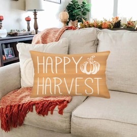 Easternproject Fall Pillow Cover 12x20 Inch Happy Harvest Pumpkin Throw for Thanksgiving Decorations, Party, Couch, Sofa - Orange Autumn Decorative Pillows