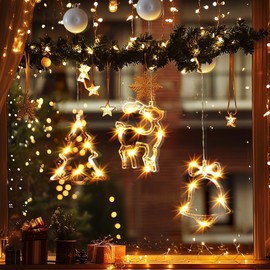 Brightown 3pcs LED Christmas Window Lights Silhouette Decoration Lighted Bell Christmas Tree Reindeer Battery Operated with Suction Cup for Christmas Window Glass Wall Indoor Decor Warm White