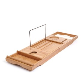 LEGENDARY-YES Natural Bamboo Bathtub Caddy with Extendable Sides Book Tablet Phone Wine Holder