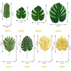 QUANQIUFEI 100 Pcs 8 Kinds Artificial Palm Leaves Tropical Fake Leaves, Monstera Leaf Gold and Green Faux Leaves for Safari Jungle Hawaiian Dinosaur Luau Party Table Decoration