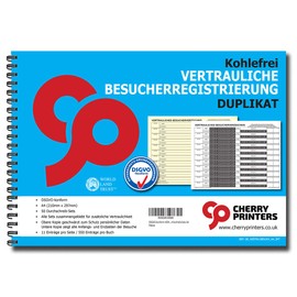 Cherry GDPR Compliant Guest Book/Visitor Book for Reception Areas, Self-Copying, 2 x 50 Sheets, 550 Entries per Directory, A4