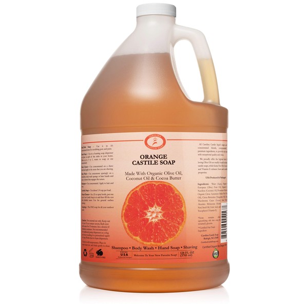 Carolina Orange Castile Soap Liquid – Skin-Softening Olive Oil Soap Organic Body Wash – Pure Castile Soap Orange Liquid Soap – Vegan Castille Soap Liquid (Orange, 1 gallon)