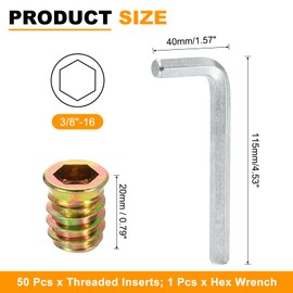 sourcing map 50 Pcs Threaded Insert for Wood, 3/8" - 16 Carbon Steel Threaded Studs Hex Socket Drive Nut Inserts Screw in Nut Fastener Connector with Hex Wrench 20mm Length for Home, Gold