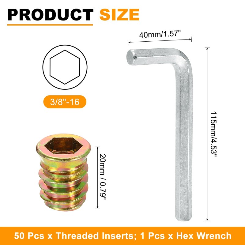 sourcing map 50 Pcs Threaded Insert for Wood, 3/8" -