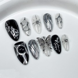 Black Press on Nails Medium Almond Fake Nails with 3D Metal Butterfly Irregular Silver Design Handmade Muti-Layer Gel False Nails Sequin Full Cover Artificial Nails Stick on Nails for Women (S)