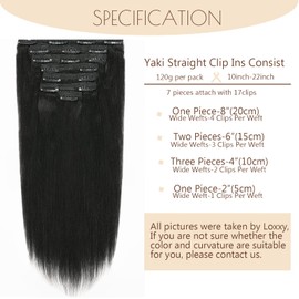 Loxxy Real Remy Human Hair Clip In Hair Extensions Yaki Straight Hair 8A Grade Double Wefts Clip-ins Seamless Thick Jet Black 4C Hair Full Head Black Women 10-22inch,120g/set 22 Inch