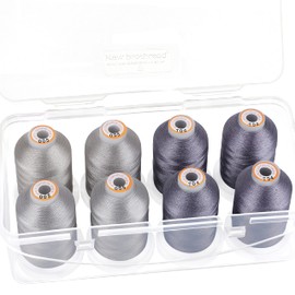 New brothread - 20 Options - 8 Snap Spools of 1000m Each Polyester Embroidery Machine Thread with Clear Plastic Storage Box for Embroidery & Quilting - 4xSilver+4xPewter