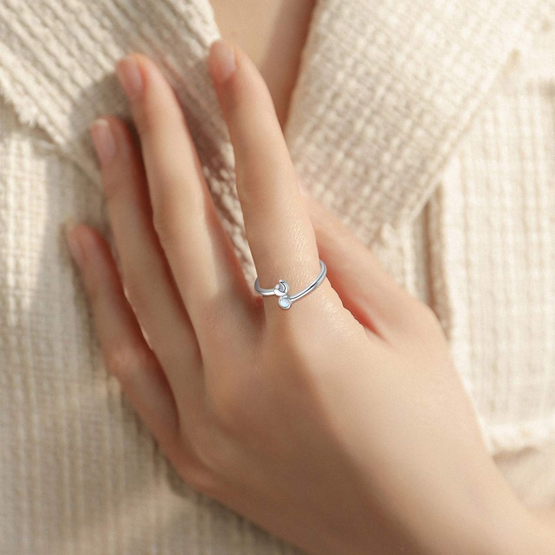 JUSTKIDSTOY Semicolon Ring 925 Sterling Silver Adjustable Open Opal Ring