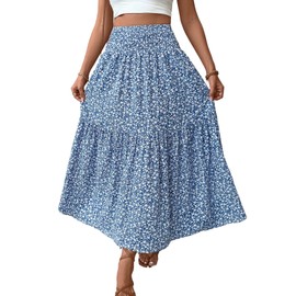GORGLITTER Women's Skirt with Floral Print Summer Skirt Long Women's Skirt A Line Midi Skirt Boho Beach Skirt with Pockets Summer Skirts with Pockets Casual Skirt, blue, M