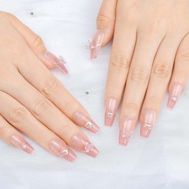 Sethaxy Handmade Nail Tips, 10 Pieces, Long Coffin Tips, Gradient, 3D Relief, Bowknots, Press-On Nails, Rhinestones, False Nails, Clear, Heart Pattern, 3D Nails, Pearl, Nude Color, False Nails,