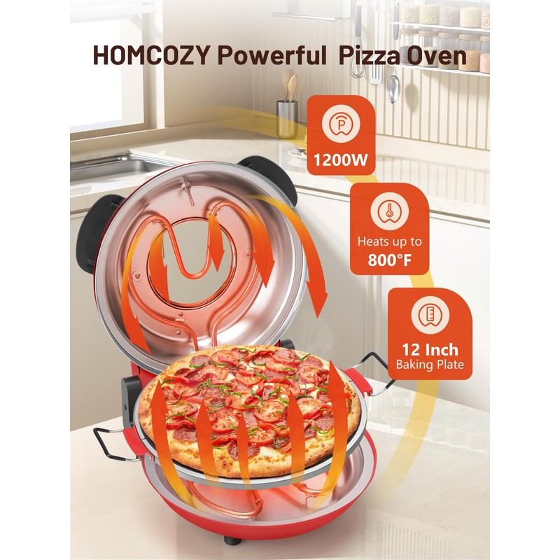 HomCozy Electric Pizza Oven Indoor with Glazed Ceramic Stone, 12-Inch