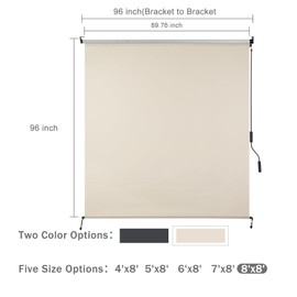 COWVIE Outdoor Solar Fabric Roller Shade 8'W x 8'H, 5% Openness UV Protection Cordless Sun Shade for Patio Gazebo Pergola or Porch