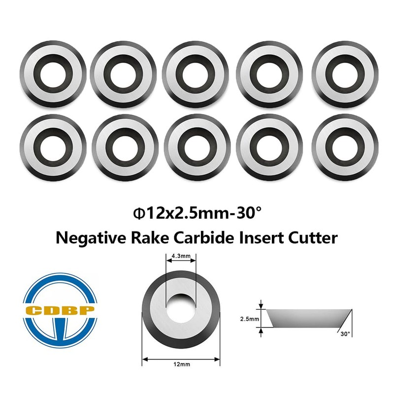 CDBP Woodturning NA 12×2.5mm-30° Round Carbide Insert Cutter Negative Rake