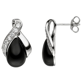 Jobo Women's Stud Earrings 925 Sterling Silver 2 Black Onyx 14 Zirconia Earrings, Silver, Onyx